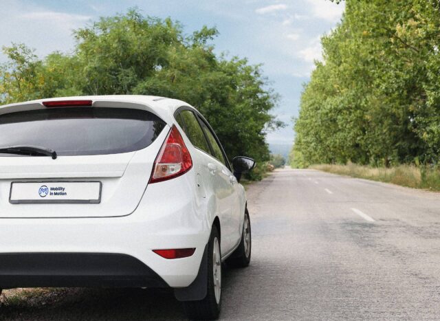 White car on a road lined with trees