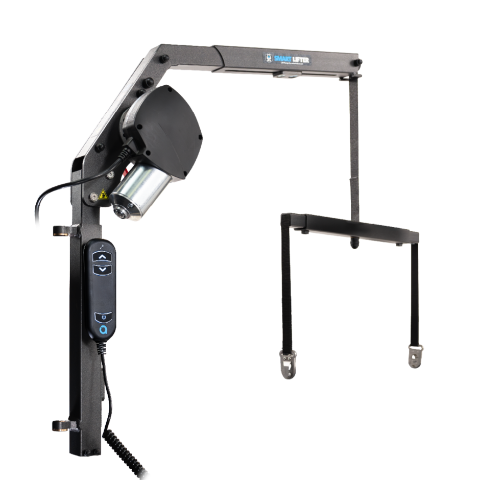 The Autochair Smart Lifter LM Folding Boot Hoist. A lightweight, folding grey hoist arm with a red handle.