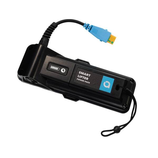 A battery pack for powering a boot hoist. It has a wrist strap and a connector for the boot hoist.