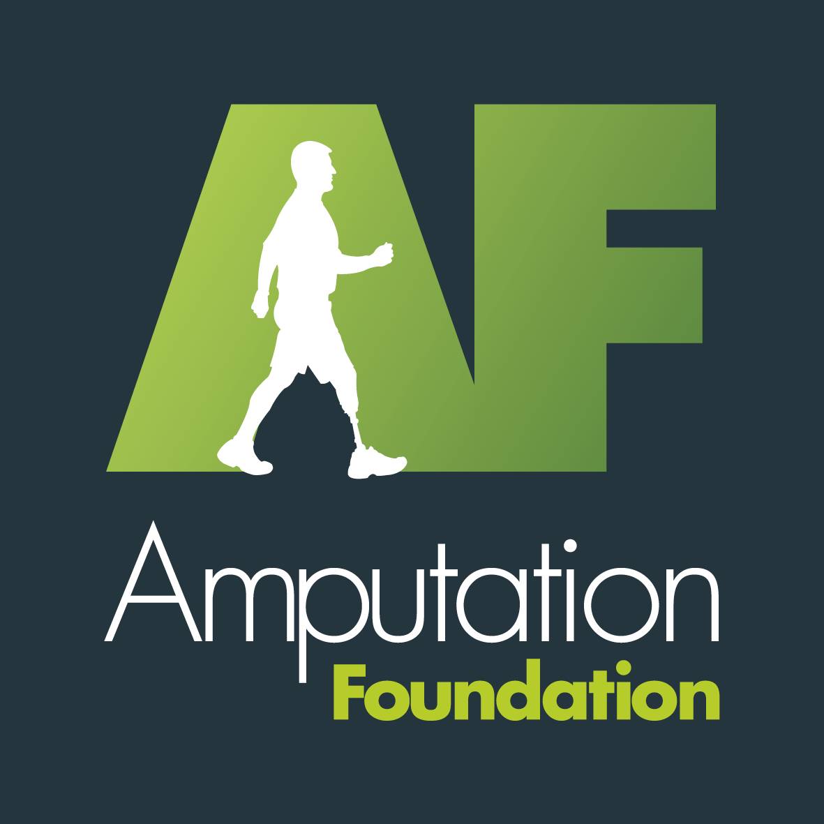 Amputation Foundation logo: Green letter A with a white outline of a person in, green letter F and the word Amputation Foundation underneath
