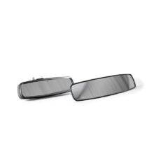 A panoramic rear view mirror for a car. It is next to a car's original mirror and it is much wider.