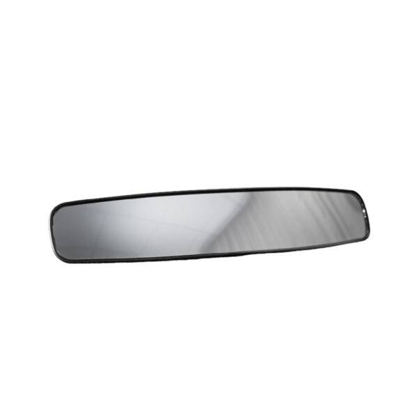 A panoramic rear view mirror for a car. It is wider than a traditional rear view mirror.