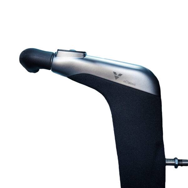 The Veigel eClassic. hand control. A black & silver twist & push handle hand control for accelerating and braking a car. It has a buttons on top to hold the brake