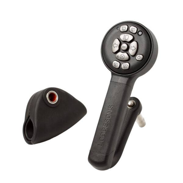 A lollipop shaped steering aid with a keypad for controlling a car's secondary functions and its bracket for attaching to a steering wheel