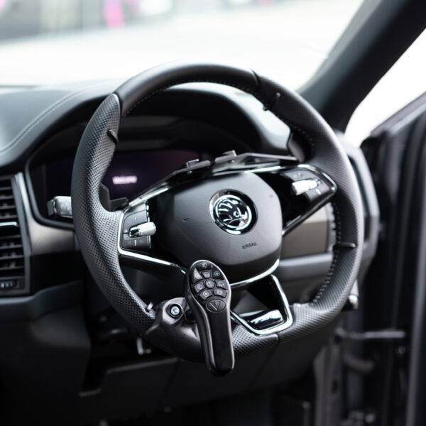 A driver's seat view of the steering wheel in a car with a steering aid on the steering wheel with a remote control keypad