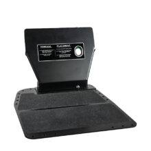 A Quick Release Pedal Guard. A metal plate for the floor of a car's footwell. It is supporting a guard to cover and protect the car's pedals.