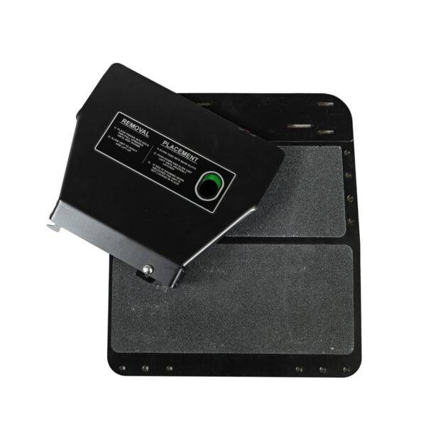 A Quick Release Pedal Guard. A metal plate for the floor of a car's footwell. It is supporting a guard to cover and protect the car's pedals.