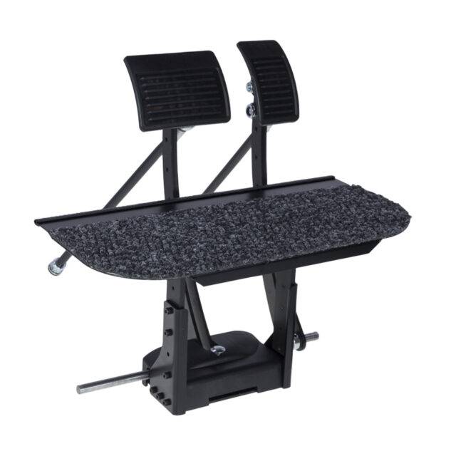 An array of two pedals mounted on a raised floor platform to extend a car's original pedals.