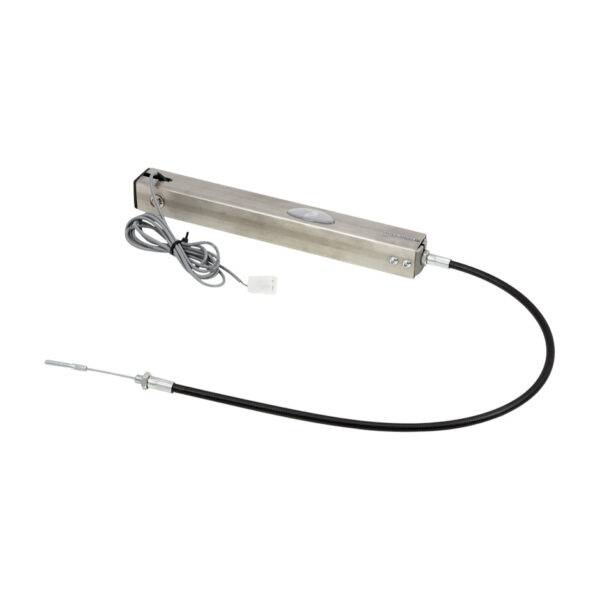 The mechanism of an electronic easy-release handbrake. A long, narrow silver box and a series of cables.