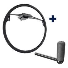 An image of two Driving Aids side by side. A Ring accelerator control for a car. It is a thin black ring connected by a control box to attach to a steering wheel. And a column-mounted push brake. A small black handle to mount next to the steering wheel.