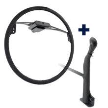 An image of two Driving Aids side by side. A Ring accelerator control for a car. It is a thin black ring connected by a control box to attach to a steering wheel. And a floor-mounted push brake. A tall black handle with a button on the side to hold the brake.