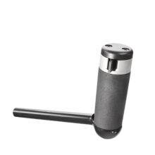 A handle for car hand controls. It has a silver band around it with a rotary indicator switch on the front.