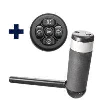 A handle for car hand controls. It has a silver band around small round unit with buttons to control indicators, horn and lights.