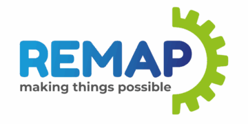 REMAP logo with making things possible strapline underneath and half a green cog to the right