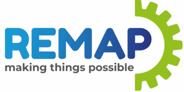 REMAP logo with making things possible strapline underneath and half a green cog to the right