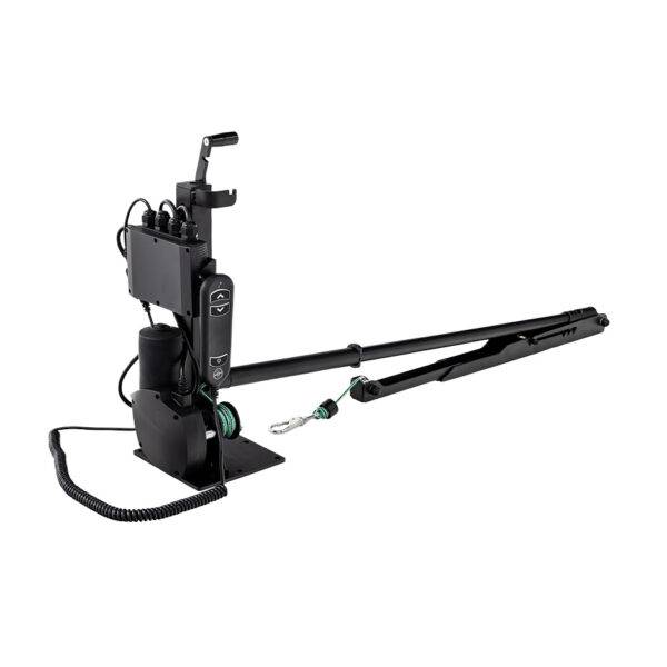 The Brig-Ayd 40kg Boot Hoist, a tall, slender, folding and collapsible hoist arm with a green lifting cord and clip for multiple types of mobility device. It is folded and collapsed down into its transporting position.