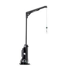 The Brig-Ayd 40kg Boot Hoist, a tall, slender, folding and collapsible hoist arm with a green lifting cord and clip for multiple types of mobility device.