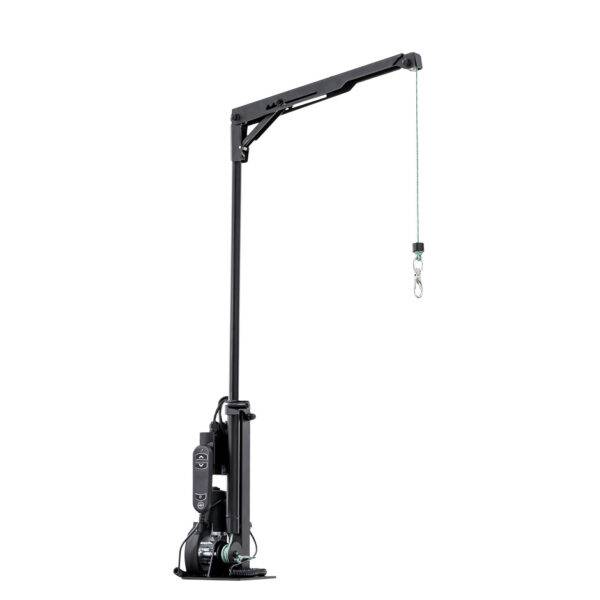 The Brig-Ayd 40kg Boot Hoist, a tall, slender, folding and collapsible hoist arm with a green lifting cord and clip for multiple types of mobility device.