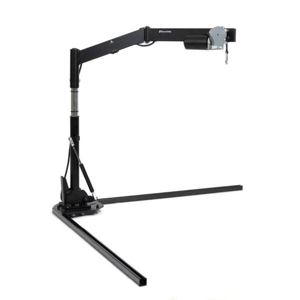 The BraunAbility Carolift 40 hinged boot hoist. A compact folding boot hoist with a subtle black hinged hoist arm and a black lifting strap.