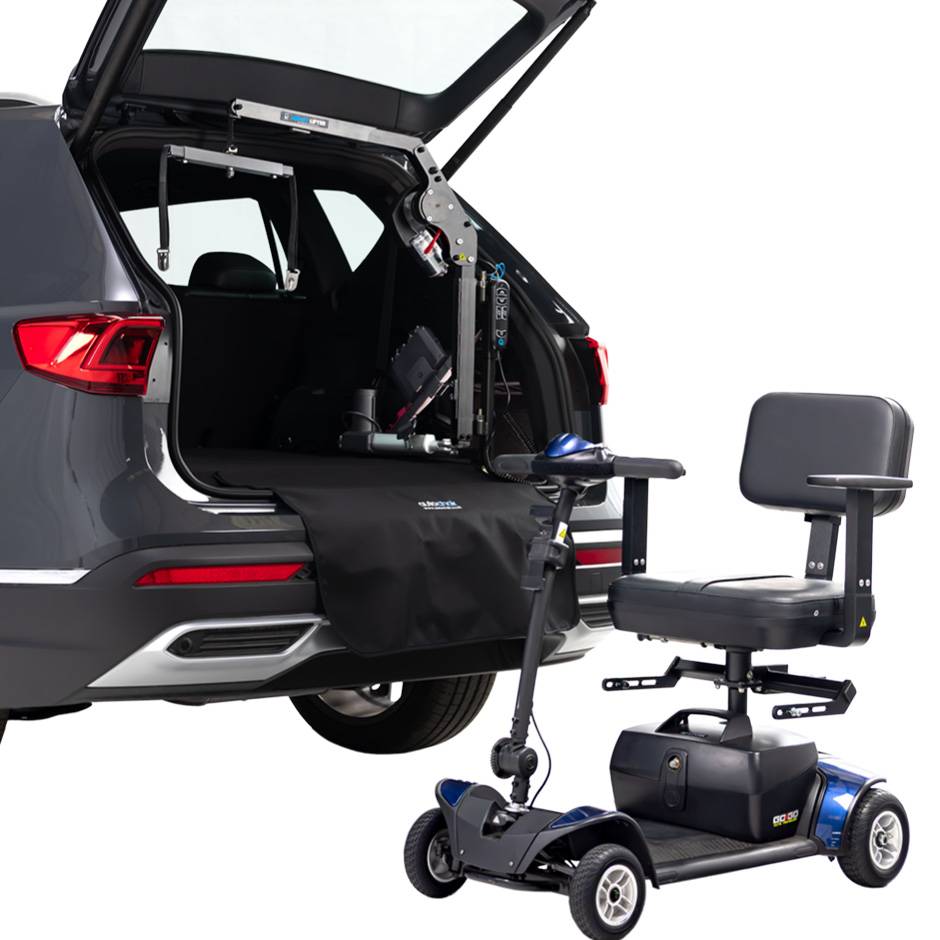 The open boot of a car with the Autochair Smart Lifter LM Folding Boot Hoist for lifting mobility devices. Outside the car a mobility scooter has the Autochair Smart Scooter seat installed