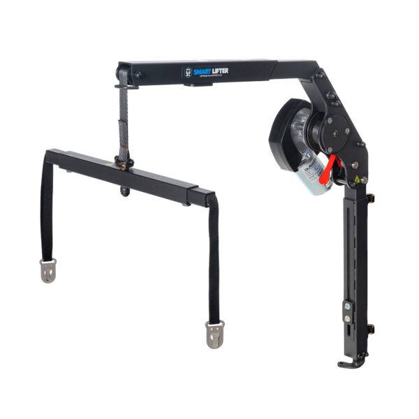 The Autochair Smart Lifter LM Folding Boot Hoist. A lightweight, folding grey hoist arm with a red handle.