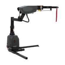 The BraunAbility Carolift 6900 an advanced heavy-duty boot hoist for lifting larger mobility devices. It is an angular black and grey folding telescopic hinge arm with a red lifting strap.