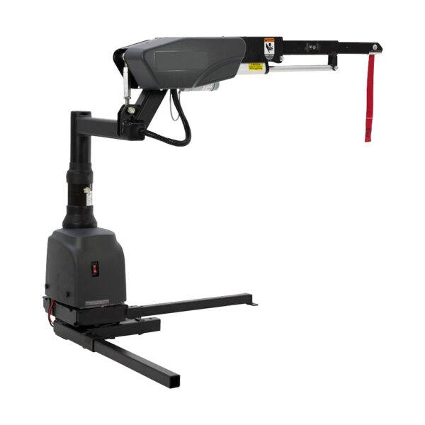 The BraunAbility Carolift 6900 an advanced heavy-duty boot hoist for lifting larger mobility devices. It is an angular black and grey folding telescopic hinge arm with a red lifting strap.