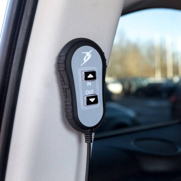 A wired handset for the Joey Platform Lift with two clear illuminated buttons