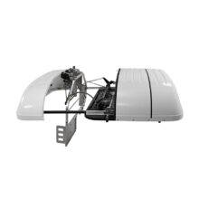 The BraunAbility Chair Topper. A white bodied Wheelchair Roof box that opens up to reveal a mechanism for safely lifting and stowing a folding wheelchair.