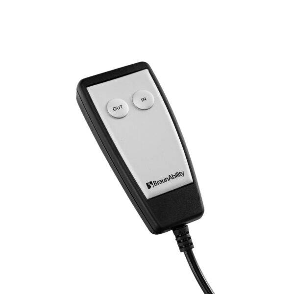 A wired handset for a Wheelchair Roof Box with two buttons labelled "In" & "Out"