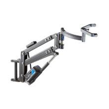 The Autochair Milford Person Lift, a smart grey person hoist to lift occupants safely into the original seat of the car. It has a primary lifting arm, a wired handset, and at the top of the lifting arm is an extension arm and a spreader bar to connect to the sling.