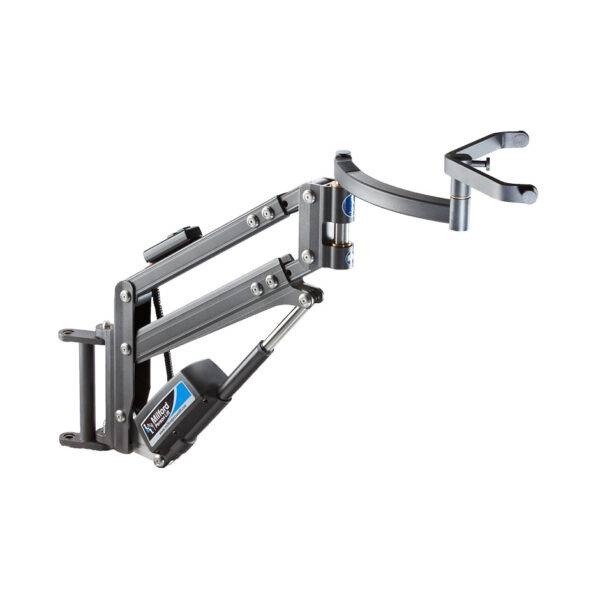 The Autochair Milford Person Lift, a smart grey person hoist to lift occupants safely into the original seat of the car. It has a primary lifting arm, a wired handset, and at the top of the lifting arm is an extension arm and a spreader bar to connect to the sling.