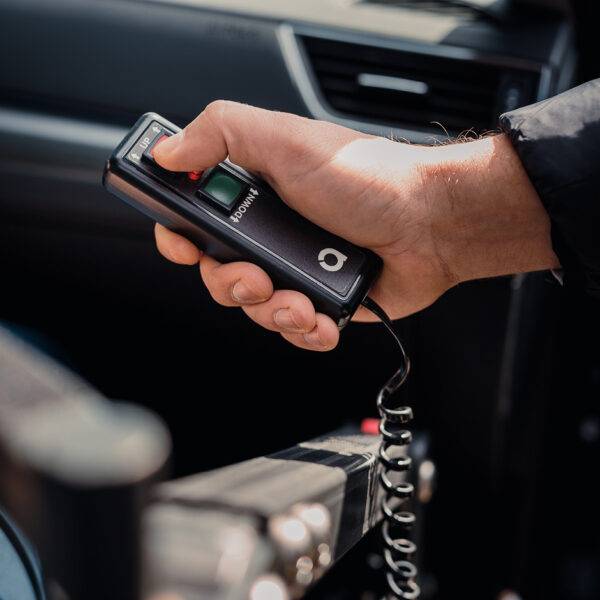 The wired handset for the Autochair Milford Person Lift. It has a simple and clear two-button up/down control.