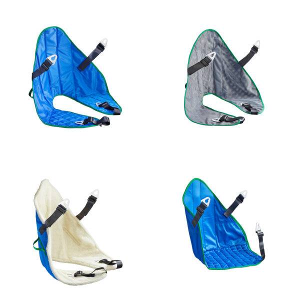Examples of the various types of sling available for the Autochair Milford Person Lift. There is a standard Sling, a mesh sling, a fur-lined sling, and a sling designed for double amputees.