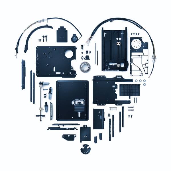 A dramatic heart-shaped display made from the disassembled components of the BraunAbility Turny Low swivel base arranged artistically.