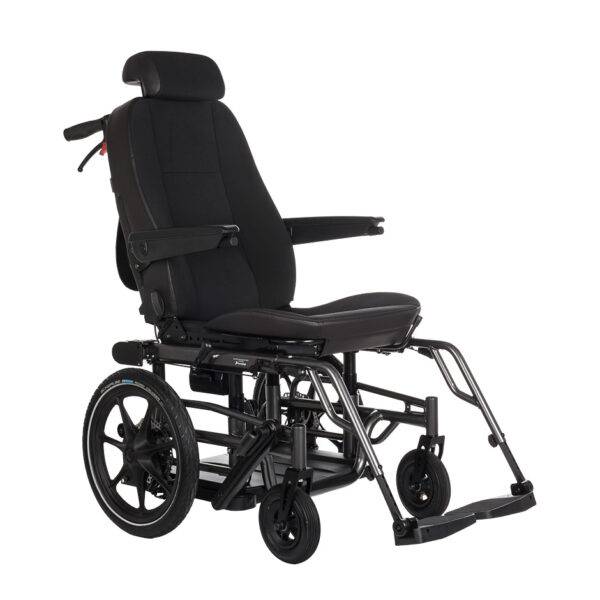 A Carony Wheelchair Swivel seat. The car seat has been transferred out of the car and is positioned on the wheelchair base.
