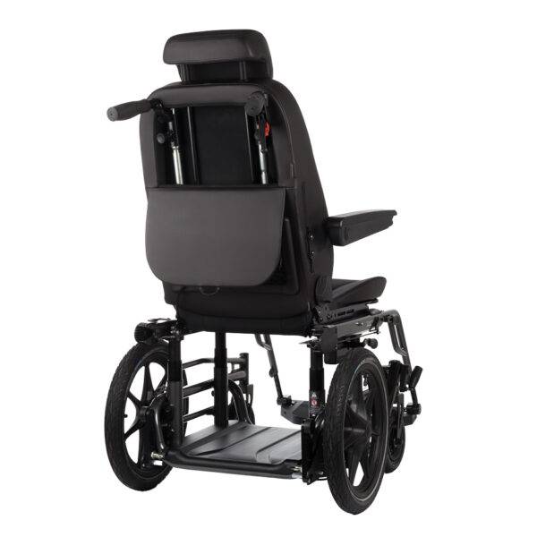 A Carony Wheelchair Swivel seat. The car seat has been transferred out of the car and is positioned on the wheelchair base. The back of the chair shows its handles for the carer to push and control the brakes for the seat
