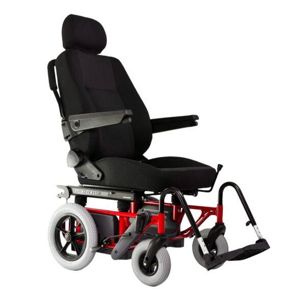A Carony Classic Wheelchair Swivel seat. The car seat has been transferred out of the car and is positioned on the wheelchair base.