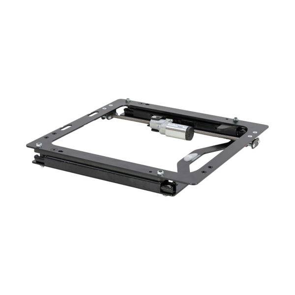 The mechanism of the BraunAbility Caroslide. A square black powered frame that is installed between the car and the swivel seat to provide powered control of the seat position within the car.