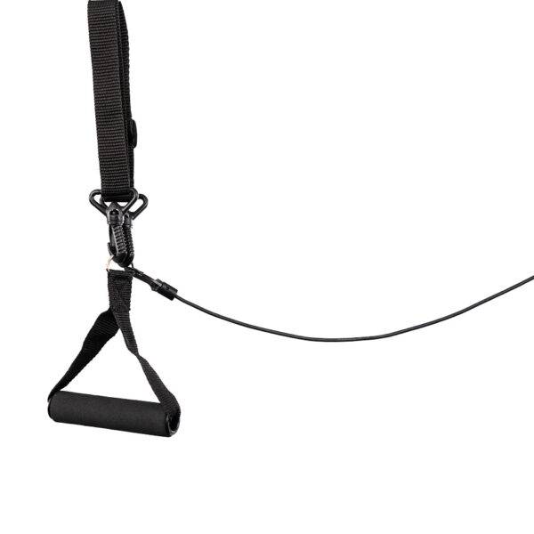 A boot closing strap, a soft padded horizontal handle and elasticated strap.