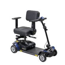 A mobility scooter with the Autochair Smart Scooter seat installed. The seat is rotated 90 degrees to make it easier to sit down and stand up from.