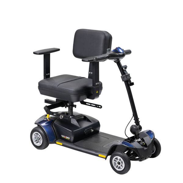 A mobility scooter with the Autochair Smart Scooter seat installed. The seat is rotated 90 degrees to make it easier to sit down and stand up from.