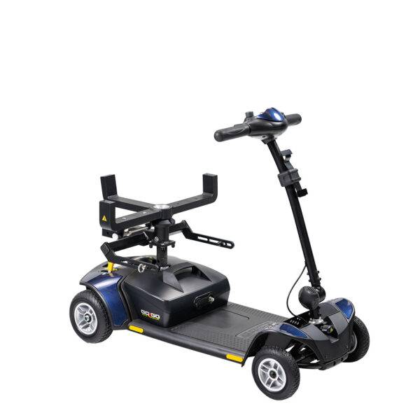 A mobility scooter with the Autochair Smart Scooter seat installed. It has had the arms, seat cushion and backrest removed so it can be lifted more easily and fit into smaller vehicles.