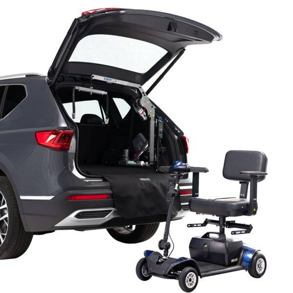 The open boot of a car with a boot hoist for lifting mobility devices. Outside the car a mobility scooter has the Autochair Smart Scooter seat installed