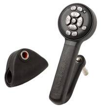 A lollipop shaped steering aid with a keypad for controlling a car's secondary functions and its bracket for attaching to a steering wheel