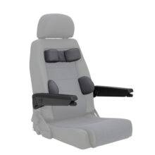 The additional seat options available from BraunAbility are highlighted on a graphic of a swivel seat to help identify them and their positions on the seat. The graphic highlights the arm rests, torso support, and lower head rest for a child or someone of smaller stature