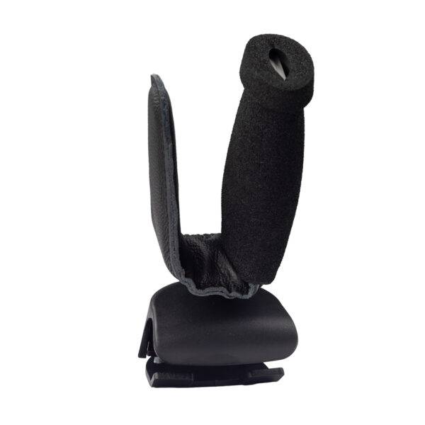 The quick-release specialist steering aid the BraunAbility 2-Pin Specialist Steering Aid. It is a soft foam handle perpendicular to the wheel with a supportive pin to hold the hand in place. It has a separate mounting adapter that connects to the steering wheel allowing the 2-Pin grip to be easily removed.