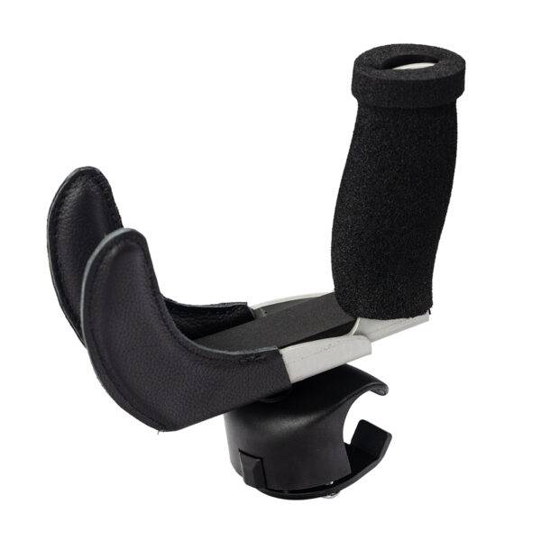 The quick-release specialist steering aid the BraunAbility 3-Pin Specialist Steering Aid. It is a soft foam handle perpendicular to the steering wheel with a supportive channel and two wrist pins to hold the hand and wrist comfortably in place. It has a separate mounting adapter that connects to the steering wheel allowing the 3-Pin grip to be easily removed.