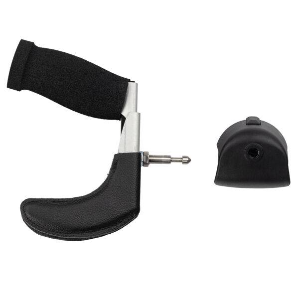 The quick-release specialist steering aid the BraunAbility 3-Pin Specialist Steering Aid. It is a soft foam handle perpendicular to the steering wheel with a supportive channel and two wrist pins to hold the hand and wrist comfortably in place. It has a separate mounting adapter that connects to the steering wheel allowing the 3-Pin grip to be easily removed.
