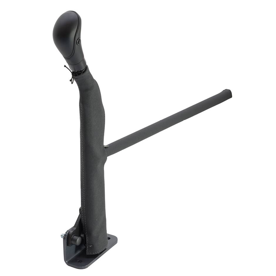 The Carospeed Classic, a floor-mounted mechanical push/pull accelerator and brake. A tall black handle with a button on the side to hold the brake. It is positioned for the driver's left hand beside the centre console.